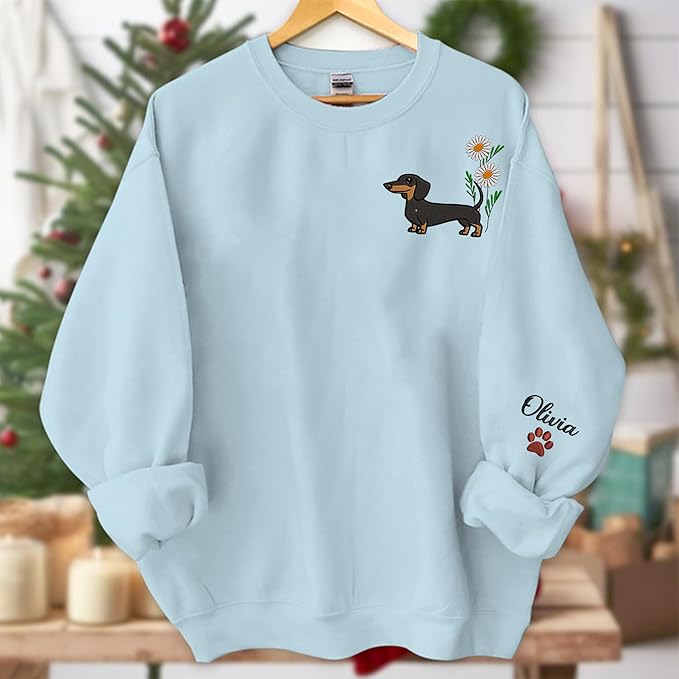 NAZENTI Embroidered Dachshund Sweatshirt with Dog Name on Sleeve, Personalized Valentines Dog Mom Shirt, Wiener Dog Gifts