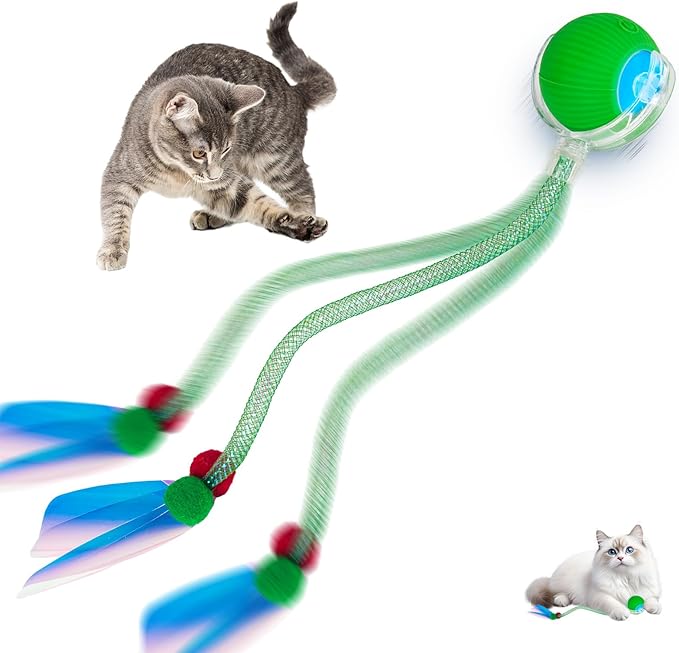 Interactive cat Toy cat Toys for Indoor Cats Agile Moving Cat Ball with Elastic Mesh Tail Automatic Kitten Toys Motion Activated Ball (Green)
