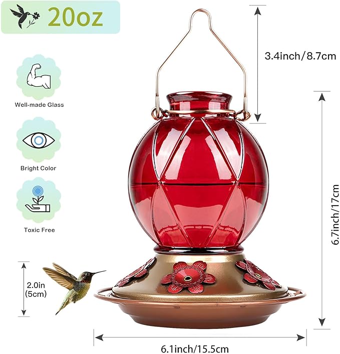 BOLITE Hummingbird Feeder, Glass Hummingbird Feeders for Outdoors Hanging, Five Feeding Ports, 20 Ounces, 2 Pack, Red and Purple, Birthday Gifts for Women Men, Gifts for Mom Dad
