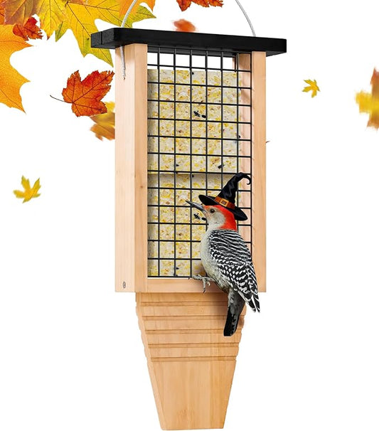 Wooden Suet Bird Feeder for Outside Hanging, Large Woodpecker Suet Feeder with Tail Prop, Double Suet Cakes Hanging Bird Feeder for Wild Birds, 1 Pack, Black