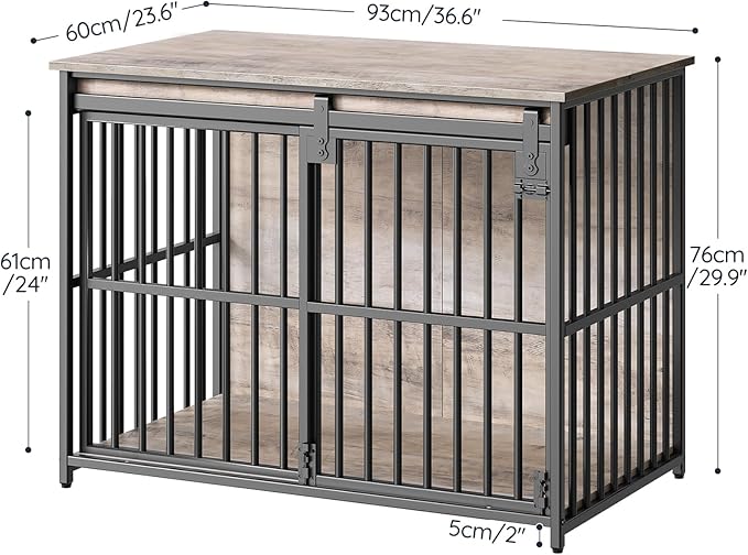 HOOBRO Dog Crate Furniture, 36.6" Heavy Duty Dog Kennel with Sliding Barn Door, Wooden Dog Cage Indoor, Decorative Side End Table for Small/Medium Dogs, Greige and Black GY162GW03G1
