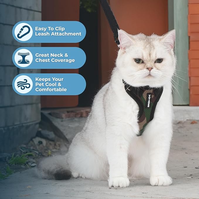 Voyager Step-in Lock Adjustable Cat Harness w. Cat Leash Combo Set with Neoprene Handle 5ft - Supports Small, Medium and Large Breed Cats by Best Pet Supplies - Army/Black Trim, XXXS