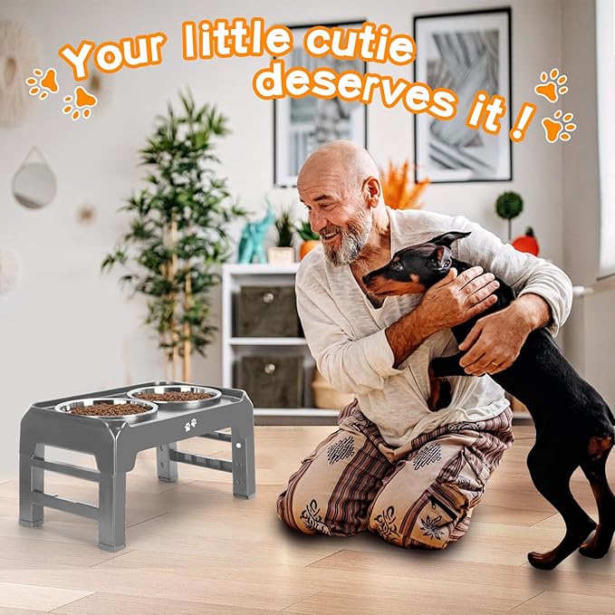 Elevated Bowls, 4 Height Adjustable Raised Stand With 2 Thick 50oz Stainless Steel Food Bowls, Non-Slip Feeder for Large Medium Dogs, Adjusts to 3.7", 9.2", 10.75", 12.36" Grey
