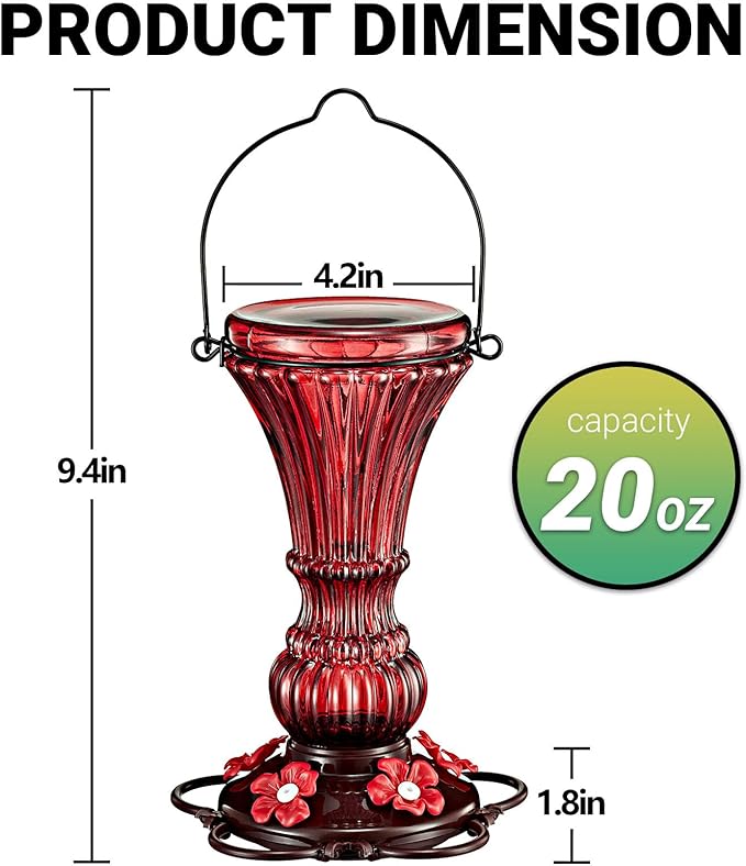 Glass Hummingbird Feeders for Outdoors Hanging Red Humming Bird Nectar Feeder with Perch, 20 Ounces Capactiy with 5 Plastic Flower Feeding Ports & Perches, Outsides Decor Garden