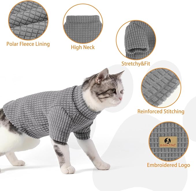 KOOLTAIL Cat Sweater for Sphynx - Soft Fleece Sweaters for Cats Only, Elastic Pet Clothes with Sleeves, Thick Winter Warm Cold Weather Apparel for Hairless Cat, Puppy Pajamas for Small Dogs, Grey M