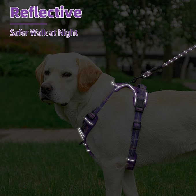 PUPTECK No Pull Dog Harness Medium Sized, Adjustable Reflective Dog Harness with Handle Easy Control, Comfortable Soft Padded Pet Vest Harness for Medium Dogs, Plaid Purple M