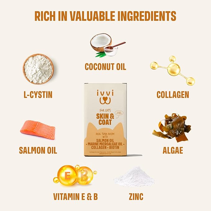 Skin & Coat for Cats – Functional Creamy Snack with Salmon Oil, Algae Oil, Zinc, Collagen & Biotin – Supports Skin and Fur Health – 30 x 0.53 oz Sachets – with Real Tuna
