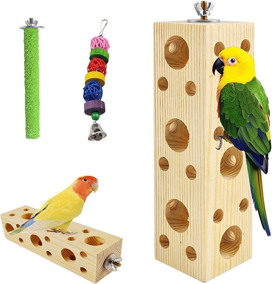 Wooden Bird Chewing Perch,Parrot Chew Block Toys for Medium Birds Parakeet Grinding Perch Foraging Toy Cockatiel Shredding Wood Stand for Budgie Lovebird Conure