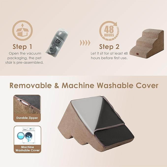 EHEYCIGA Curved Dog Stairs Ramp for Small Dogs 15.7" H, 3-Step Dog Steps for Couch Sofa and Chair, Pet Stairs for Cats, Non-Slip Balanced Pet Steps Indoor, Camel