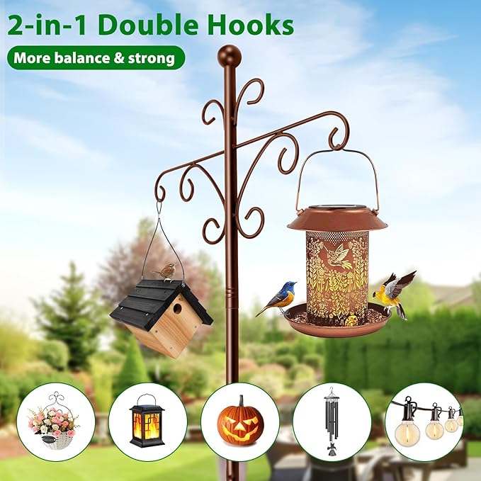Bird Feeder Pole for Outdoors Heavy Duty Squirrel Proof, 2 Pack 63 Inch Adjustable Tall Shepherds Hooks for Outdoor with 7 Prongs Base, Double Shepherd Hooks (2 Pack Copper, 63 Inch)