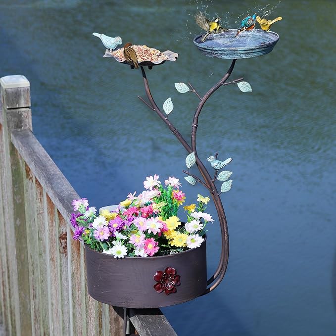 Deck Bird Bath, Bird Bath and Bird Feeder, Flower Planting Pedestal, Deck Mounted Bird Bath, for Garden Balcony Patio Deck Railing Decoration
