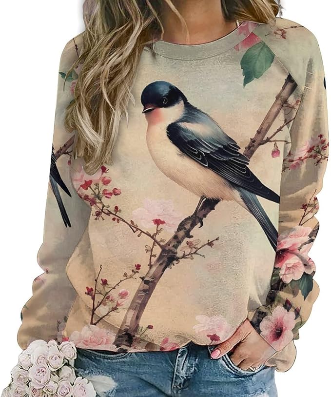 Womens Long Sleeve Tops Y2k Japanese Art Print Sweatshirts Fall Pullover for Women Crewneck Vintage Shirts Boho Tops