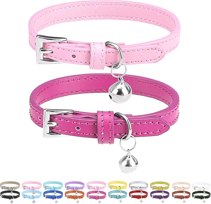 PUPTECK 2 PCS Soft Genuine Leather Cat Kitten Collar with Bells Adjustable for Girl Boy Cats Puppy, Rose Pink