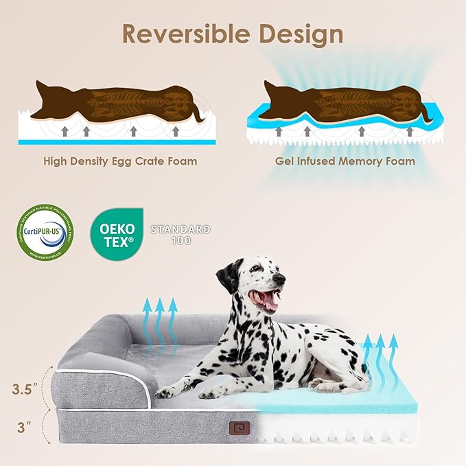 EHEYCIGA Orthopedic Dog Beds Large Sized Dog, Waterproof Memory Foam Pet Bed with Sides, Non-Slip Bottom Large Pet Bed with Washable Removable Cover, Grey