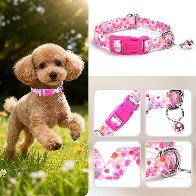 Small Dog Collar with Bell，Nylon - Adjustable XXS/XS Tiny Dog & Cat Collar for Small Breeds,Soft Pink Collar with Quick-Release Buckle（Flowers S）