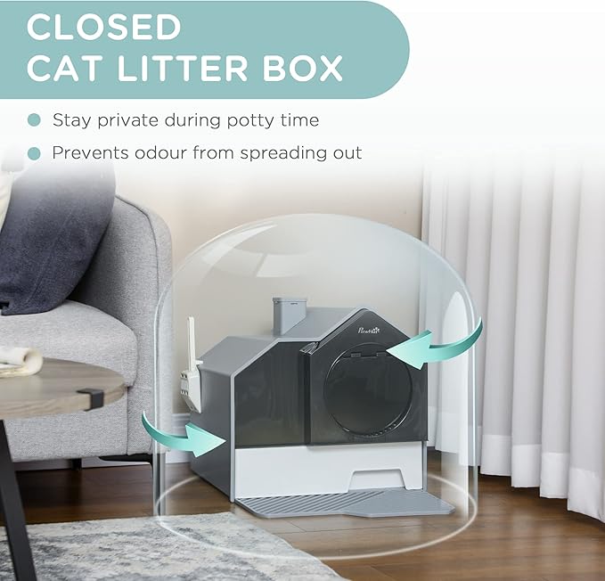 PawHut Hooded Cat Litter Box with Kitty Litter Mat, Kitty Litter Pan with Odor Control, Easy-Clean Pull-Out Drawer, Handle, Scoop, Gray