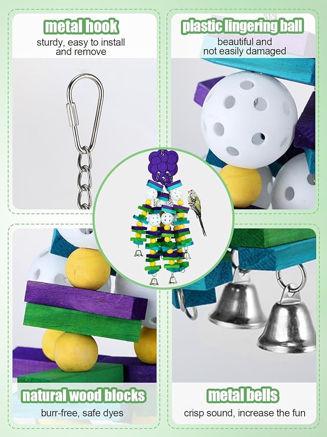 Large Bird Parrot Toys with Bells- Parrots Cage Chewing Toy Gift with Colorful Wood Blocks Beads- Bird Parrot Chewing Sticks Toys for Cockatoos African Grey Macaws and Amazon Parrots(Grape Style)
