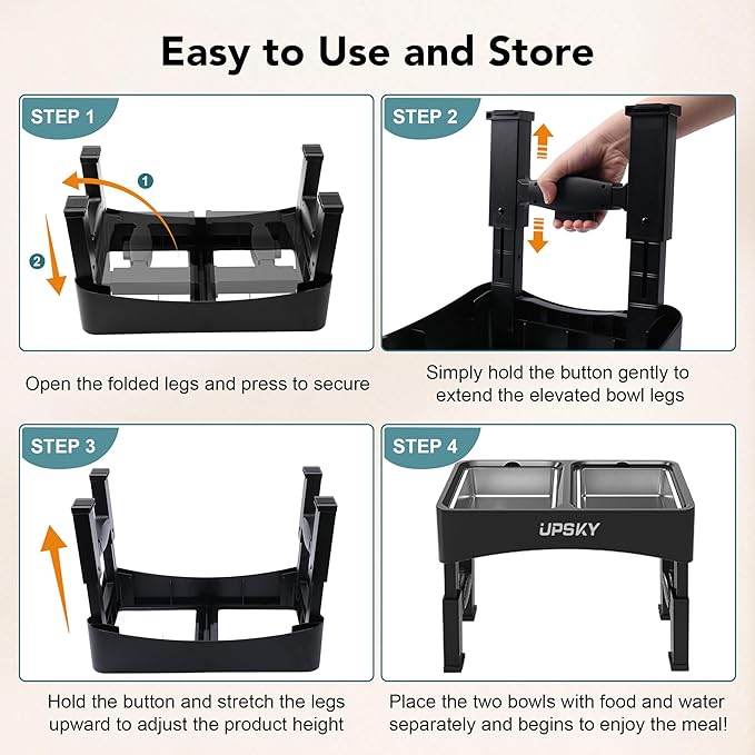 UPSKY Elevated Dog Bowls, 4 Height-Adjustable Raised Dog Bowl Stands with 2 Stainless-Steel Water Bowls, Slow Feeder, Anti-Slip for Small & Medium Dogs
