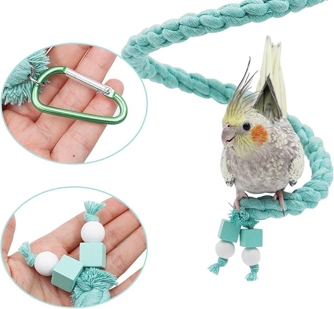 Bird Cage Accessories, Hanging Spiral Bird Rope Perch with Metal Hook, Bird Perch for Budgie, Lovebird, Parakeet, Cockatiel, Conure, Quaker, Caique, Small to Medium Birds