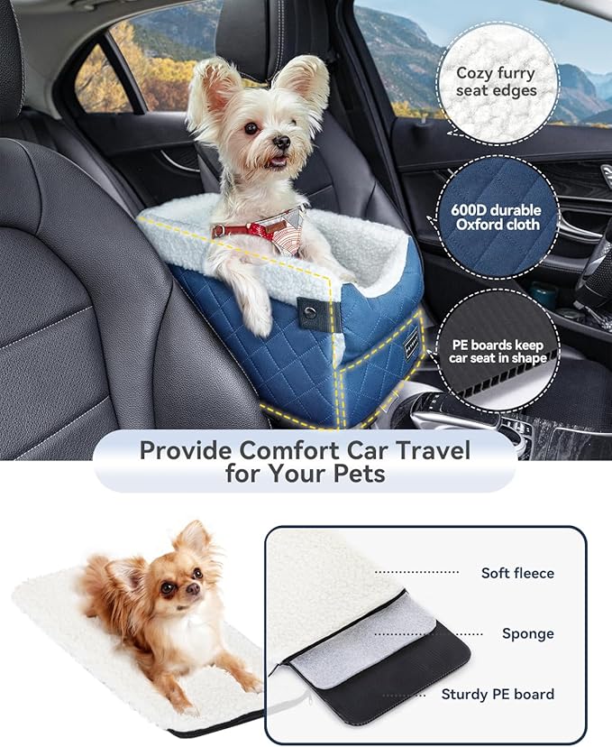 PETSFIT Center Console Dog Car Seat with Safe Protection Hooks, Pet Car Seat with Upgraded Safety Tethers, Washable Cushion, Console Dog Car Seats for Small Dogs Up to 8 Lbs(Blue)