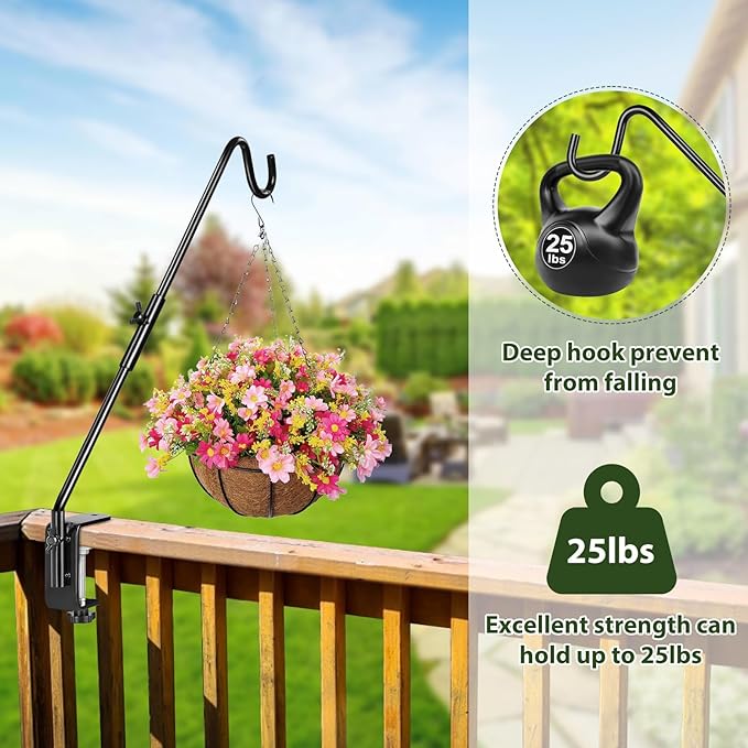 BOLITE Heavy Duty Deck Hook, 16 Inch Bird Feeder Hanger for Hummingbird Feeders, Planters, Lanterns, Wind Chimes, 360° Rotatable Arm, Black