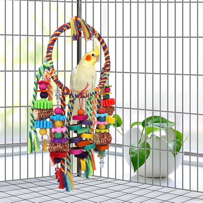 Bird Toys Bird Rope Ring Swing Perch with Corn Cob Cardboard Bagels Wooden Blocks Chewing Toys for Parakeets,Cockatiels,Conure,Lovebirds,Finches and Other Small-Sized Birds