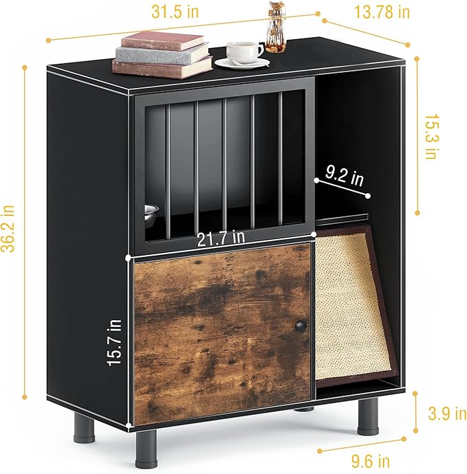 Dog Proof Cat Feeding Station, Cat Feeding Station with Scratching Board, Raised Bowls for Indoor Cats, Elevated Food Bowls with Stand, Vintage Black Furniture