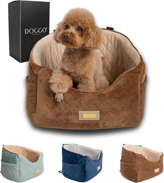 Premium 2-in-1 Dog Car Seat & Home Bed for Small Dogs – Premium Travel Pet Bed with Safety Straps, Stylish Design, Soft Plush Cushion & Secure Portable Comfort – Under 30lbs (Brown)