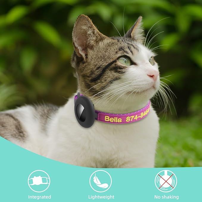 Airtag Cat Collar, Personalized Nylon Breakaway Cat Reflective Collar Embroidered with Pet Name and Phone Number with Waterproof Airtag Holder Case and Bell (with Silicone Airtag Protective Case)