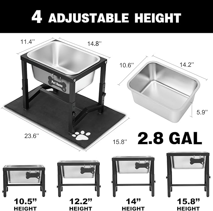 2.8 Gallon Elevated Large Dog Water Bowl, 4 Adjustable Height 10.5-15.8'' Raised Stainless Steel Bowl Stand with Anti-Slip Mat for Large Breed, Metal Dog Feeding Station for Relief Joint Pressure