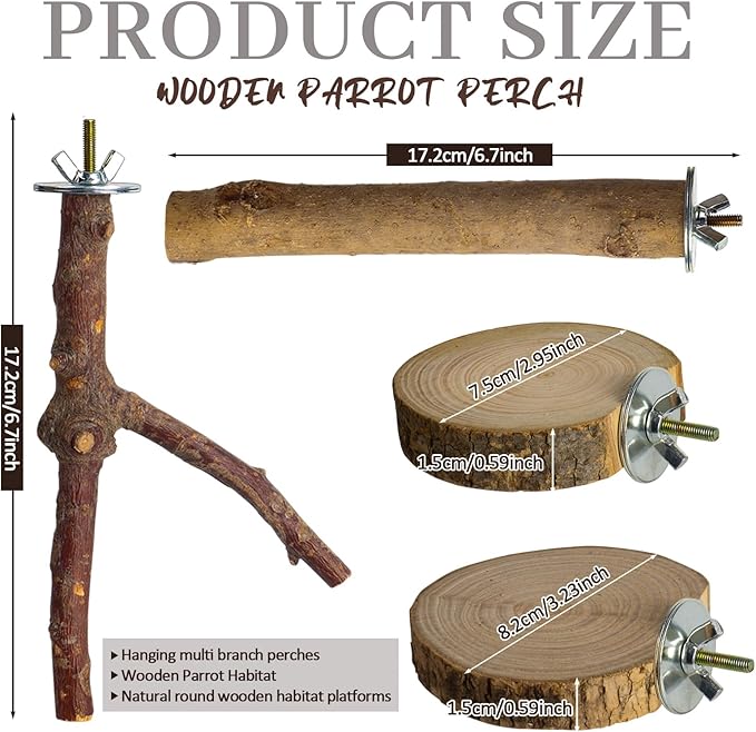 8 Pack Natural Wood Bird Perches Parrot Perch Stand Parakeet Toys Bird Cage Accessories for Budgerigar Cockatiels, Conures