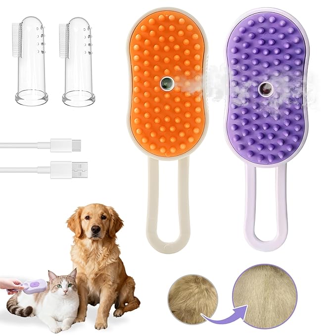 2-Pack Steam Brush for Cats& Dogs,Pet Steam Brush,4-in-1,Rechargeable Grooming Tool for Cats & Dogs, Anti-Static Design, Delivers Massage, Deep Cleansing, Shedding Control & Styling(Orange, Purple)