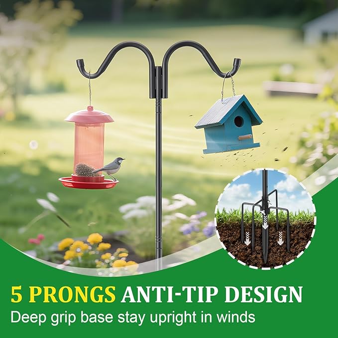 Double Shepherds Hooks for Outdoor, 78 Inch Adjustable Bird Feed Pole with 5 Prongs Base, Heavy Duty Shepherds Hook for Bird Feeder, Bird House, Light Plant, Wind Chime, Hummingbird Feeder, Lantern