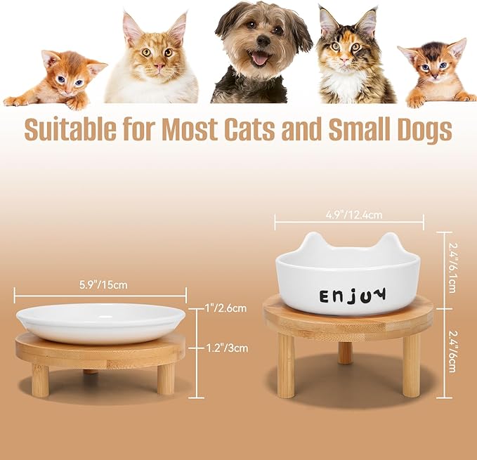 3PCS Elevated Cat Bowls,Wide Raised Ceramic Pet Dishes with Bamboo Stand, Whisker Friendly Pet Water or Food Plates Feeding Station for Indoor Small Dogs, Kitten (White(3PCS))