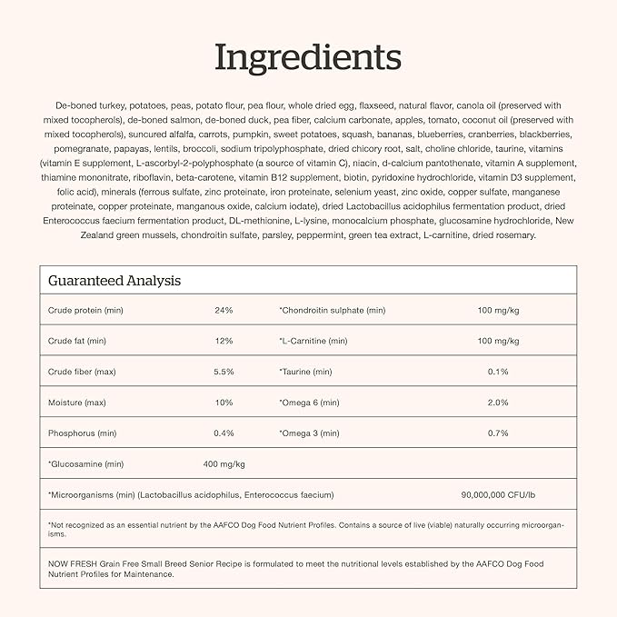 Now Fresh Grain-Free Small Breed Senior Dry Dog Food with Turkey, Salmon & Duck, Premium Kibble Made with Real Meat & Fish, Chicken-Free, Added Glucosamine & Chondroitin for Healthy Joints, 3.5 lb Bag