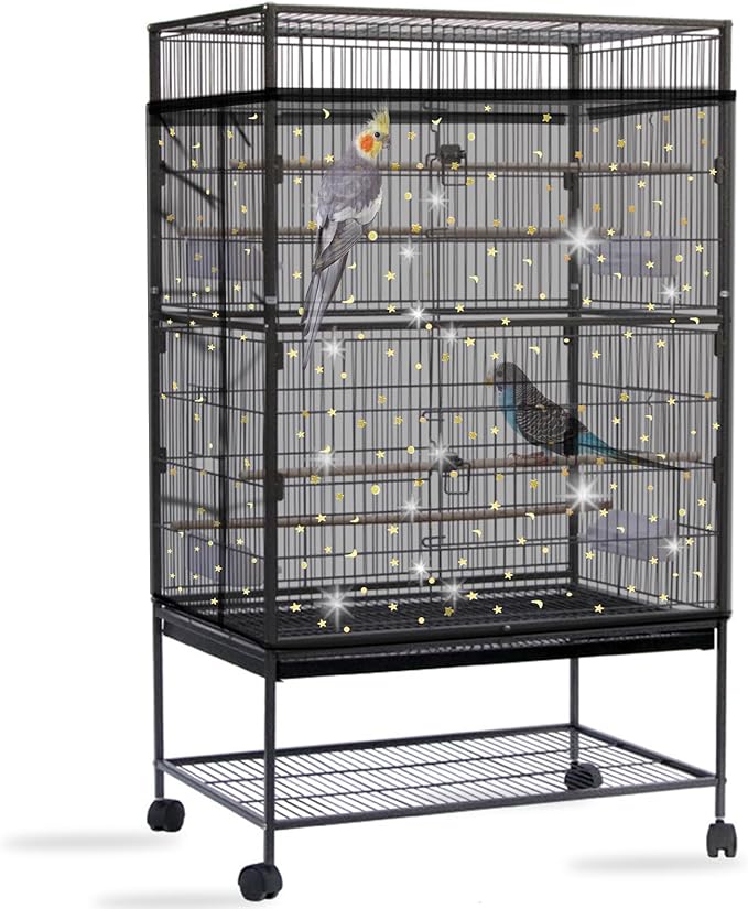 Daoeny Bird Cage Seed Catcher, Large Bird Cage Cover, Adjustable Soft Airy Nylon Mesh Net, Birdcage Cover Skirt Seed Guard for Parrot Parakeet Macaw African Round Square Cages (Black, Sequins Star)