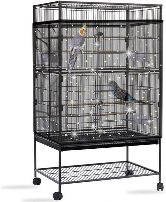 Daoeny Bird Cage Seed Catcher, Large Bird Cage Cover, Adjustable Soft Airy Nylon Mesh Net, Birdcage Cover Skirt Seed Guard for Parrot Parakeet Macaw African Round Square Cages (Black, Sequins Star)