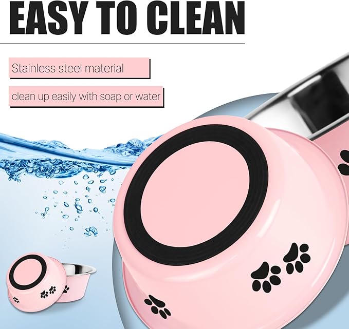 Stainless Steel Dog Bowls, Nonslip Rubber Bottom No Spill Proof Skid Metal Insulated Dog Bowls for Large Medium Small Breed Dogs (Pink, 3.6 Cups/29 OZ)