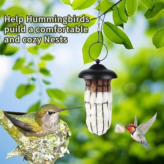 Hummingbird Nesters, Alpaca Wool Bird Nesting Material in Metal Cage - Unique Birds Lover Watcher Gift, Outdoor Garden Ornament, Refillable