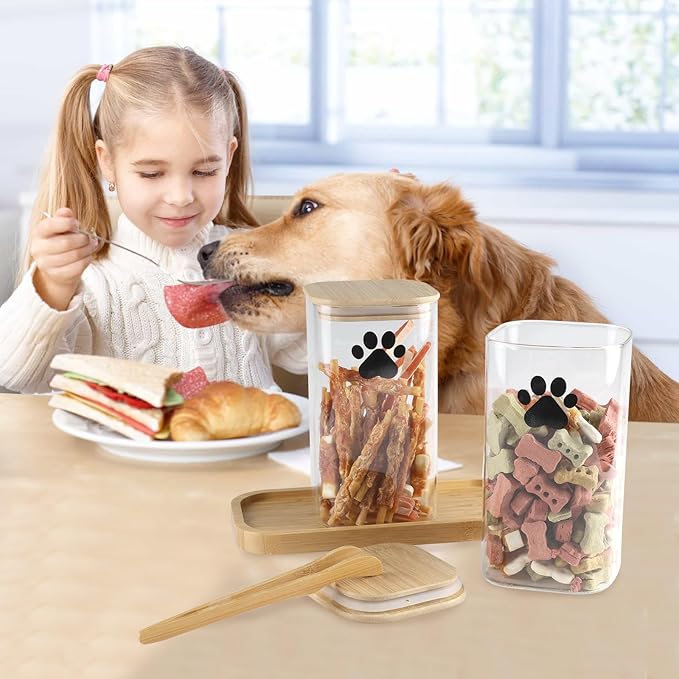 37oz Dog Treat Container Set of 2, Glass Dog Treat Jars for Kitchen Counter with Airtight Bamboo Lids, Small Pet Treat Canister,Puppy Food Bin for Kitchen Counter,Freshness Seal-Clear