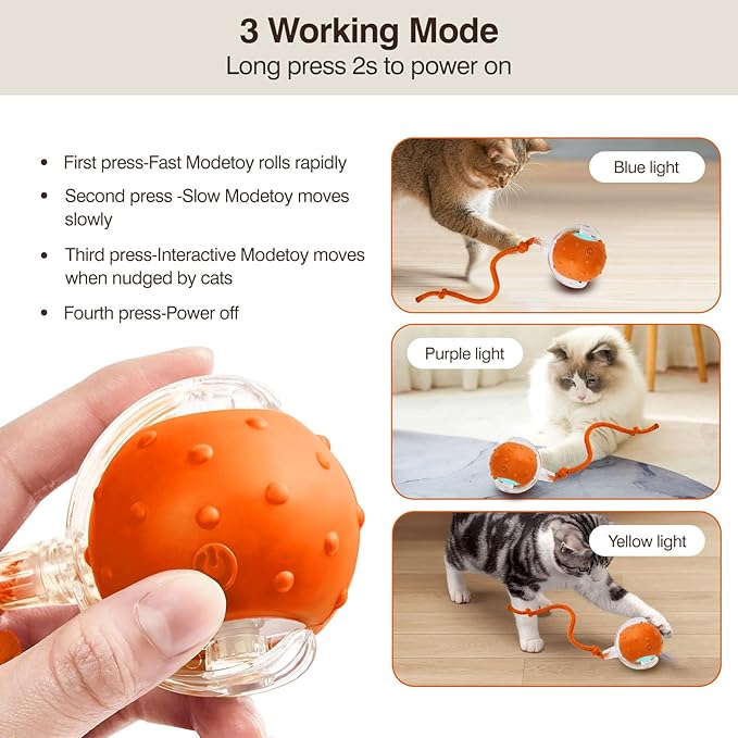 Electric Interactive Cat Toy Ball - Automatic Rolling Silicone Cat Toys for Indoor Cats, Durable Chew-Proof Motorized Kitty Ball with LED Light, Fun Exercise Toys for Bored Kittens（Orange）