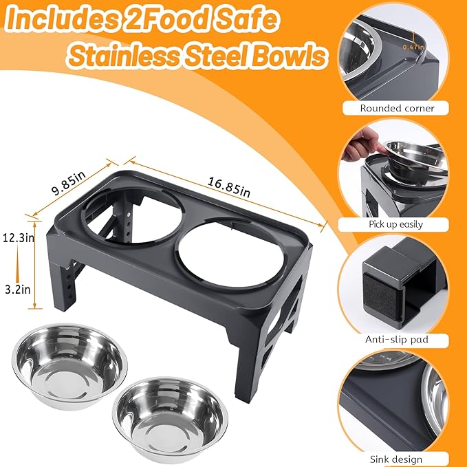 Hubulk Elevated Dog Bowls with 2 Stainless Steel Food & Water Raised Bowls with No Spill Edge Non-Slip Stand Adjusts to 5 Heights(3.2", 8.77", 9.9",11.1", 12.3")for Small Medium Large Dog and Pet Grey