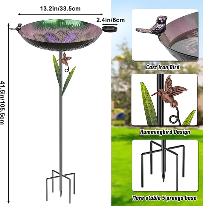 41.5" Metal Bird Bath for Outside, Detachable Birdbath Sturdy 5-Prong Stake Base with Bowl & Decorative Birds, Durable Iron Garden Birdbath & Feeder for Patio Wildlife Décor (Purple to Green)