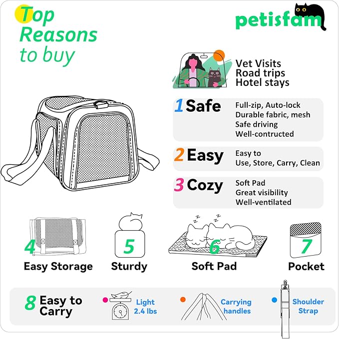 petisfam Top Load Cat Carrier Bag for Medium Cats and Small Dogs. Airline Approved, Collapsible, Escape Proof and Auto-Safe. Easy to get cat in and Make Vet Visit Less Stressful