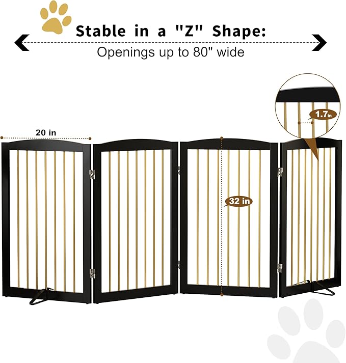 Freestanding Pet Gate for Dogs, Indoor Wooden Dog Gate for House, Foldable Dog Gate for Doorway, Stair, Step Over Pet Puppy Safety Fence Tall, 80 Inch Wide, 4 Panels 32", Black & Gold