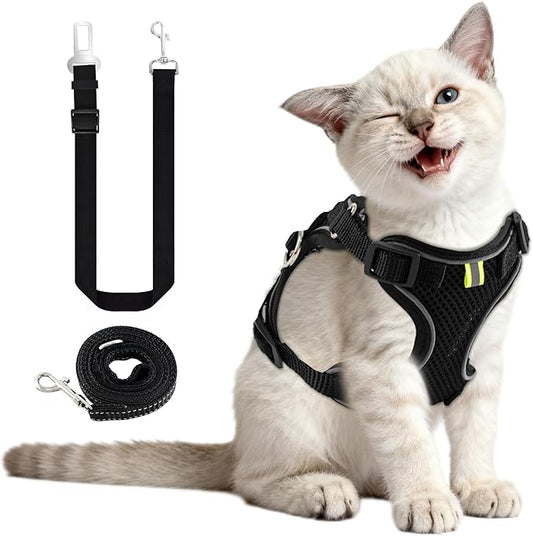 Kitten Cat Harness and Leash Set, Escape Proof Soft 4-Adjustable Cat Walking Vest Harness, Reflective Strips in Harness for Kitty Puppy Bunny Car Travel, with Car Seatbelt Leash (Black, S)