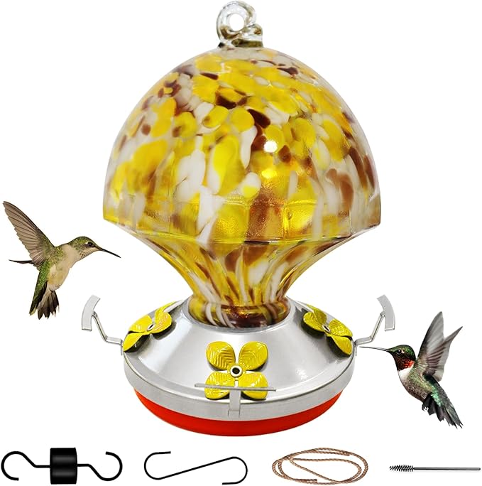 ruiyi itm Glass Hummingbird Feeder with Ant Moat 25.4 OZ Large Capacity Hand Blown Glass Yellow Hanging Bird Feeder for Backyard Garden Outdoors Decorations with S Hook Brus Gift for Bird Lovers