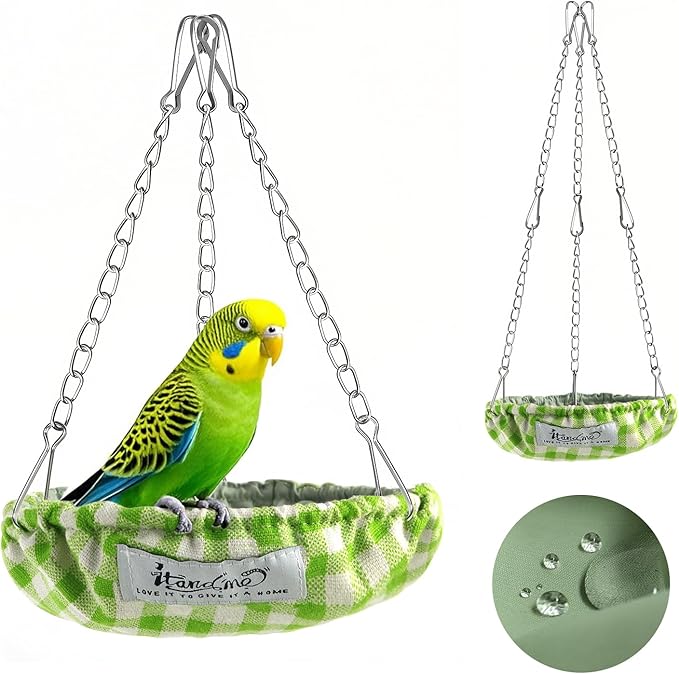 Waterproof Bird Bed with Adjustable Chain, Customizable Height Hanging Bird Hammock for Cage, Small Size Bird Nest with Durable Non-Collapsible Bottom, Bird Hut for Conures, Budgies (Green)