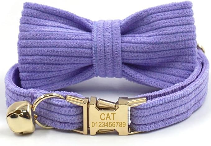 Personalized Cat Collar with Bells,Velvet Customized Small Cat Collar with Name Tag,Pet Collar with Name Phone Number Engraved ID Tags for Boy and Girl Kitten Cats (Taro Purple)