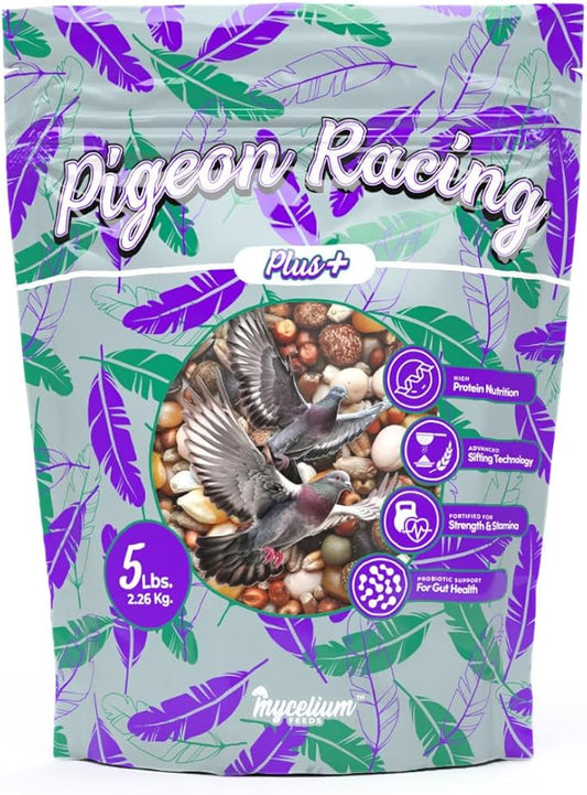 Mycelium Pigeon Racing Plus Feed (5 LB Bag) | Organic, High-Protein Racing Pigeon Food with Probiotic Gut Support | Fortified for Strength & Stamina | Debris-Free Bird Seed, Non-GMO, USA Made